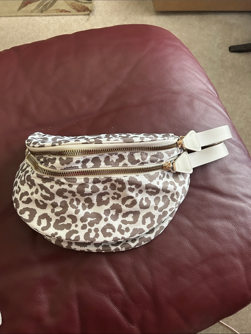 Leopard Print Mini Belt Bag in Beige and Taupe with Gold Zippers